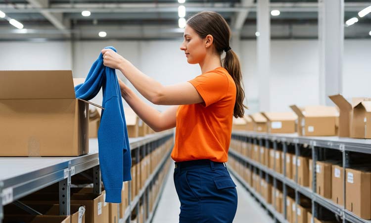 A person removing a garment from a BDCM cardboard box in a fulfilment centre
