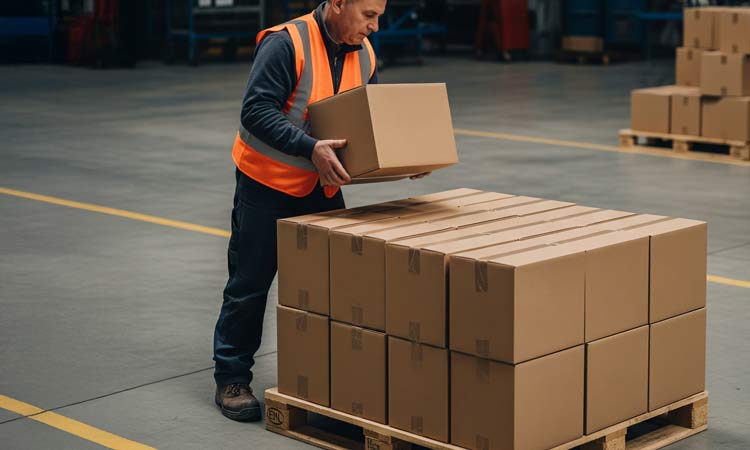 A person placing a cardboard box on a wooden pallet