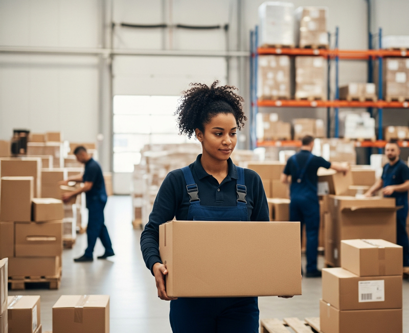 A person carrying corrugated boxes in a warehouse.