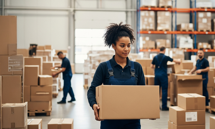 A person carrying corrugated packaging in a warehouse.