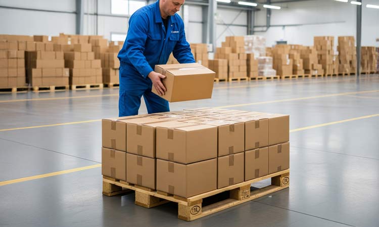 A person using custom boxes for pallet shipping in a warehouse