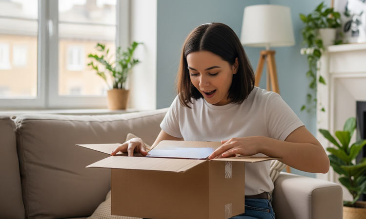 A person opening custom corrugated packaging in their home.