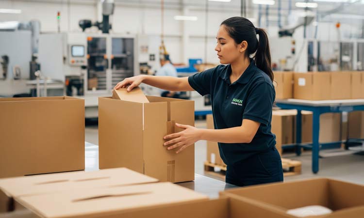 A person assembling cardboard transit packaging in a factory.