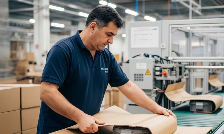 A person using a cardboard wrap on a production line.