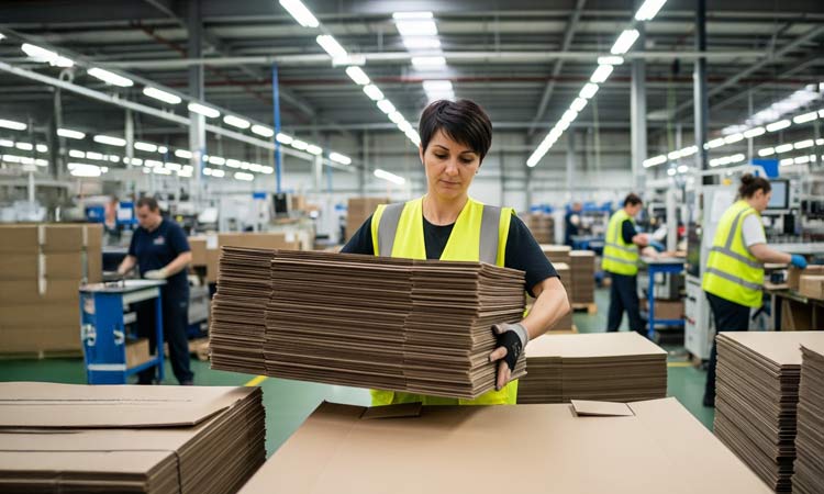A person placing a stack of corrugated wraps on a workbench in a factory