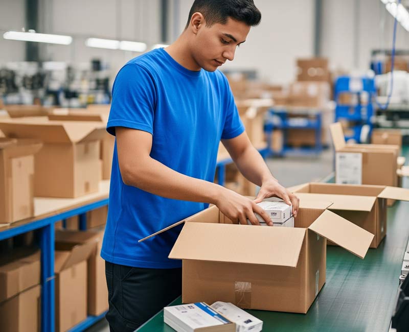 A person packing items into custom transit packaging.