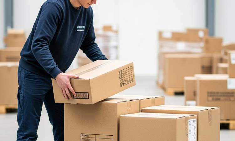 A person stacking double-wall shipping boxes
