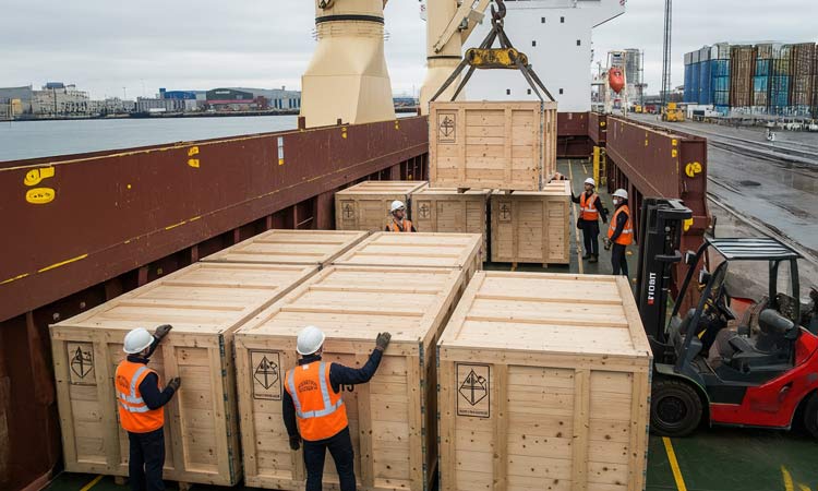 Export grade packaging being loaded onto a ship