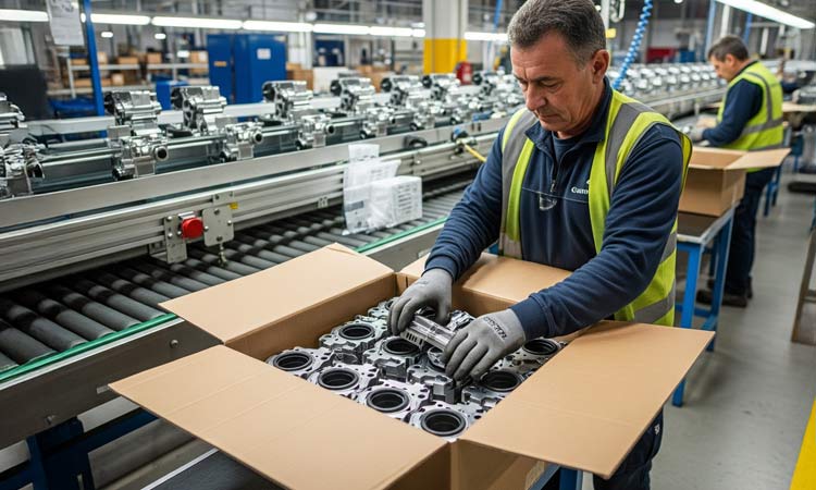 A person loading parts into industrial packaging