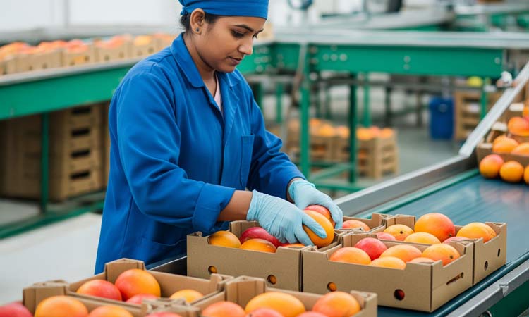A person placing fruit into a cardboard produce tray on a packing line