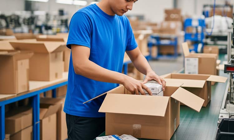 A person in a factory placing products into transit packaging.
