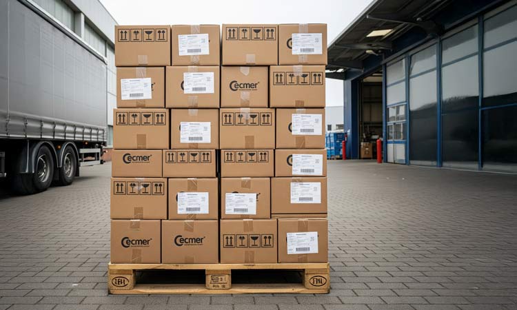 Cardboard transport packaging stacked on a wooden pallet