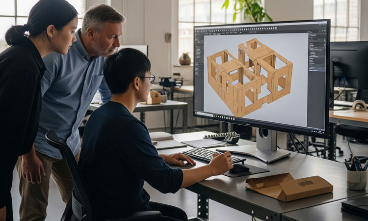 A packaging designer using CAD software