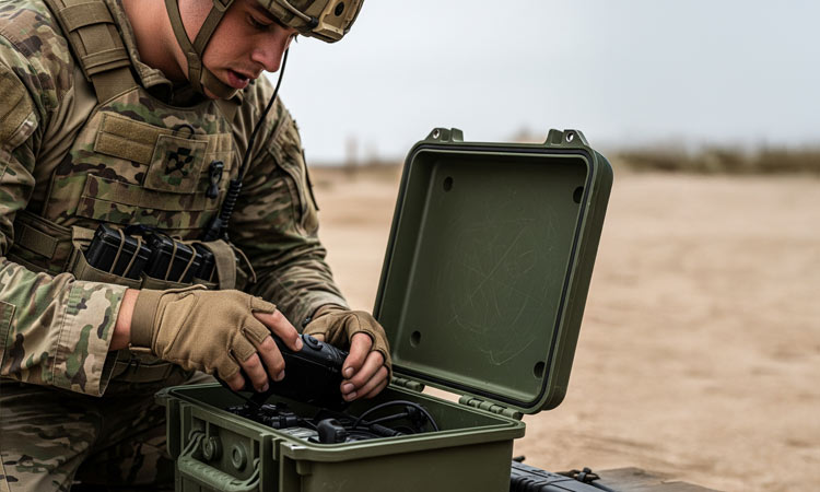 A member of the military removing comms gear from a protective case