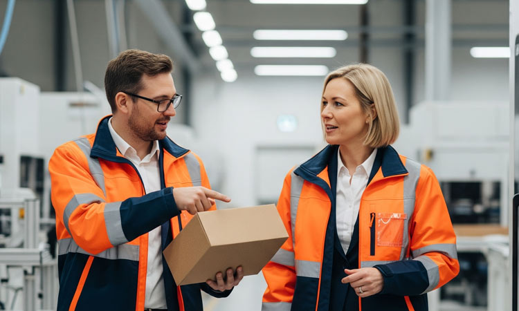 Two people carrying out a packaging audit in a factory