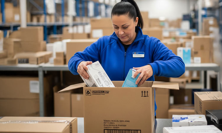 A person packing items into a cardboard box in a fulfilment centre
