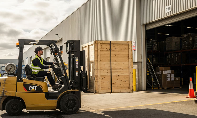 A person moving large timber packaging with a forklift.