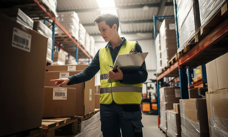 A person checking packaging in a warehouse.