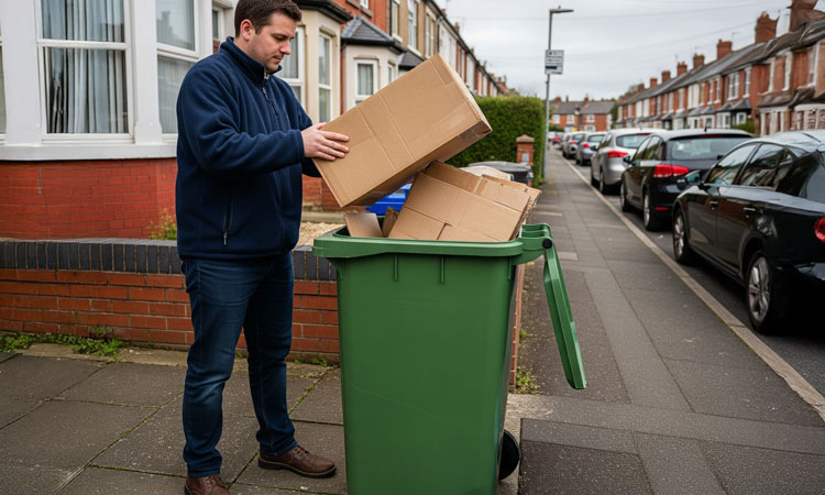 A person placing cardboard packaging into a recycling bin.