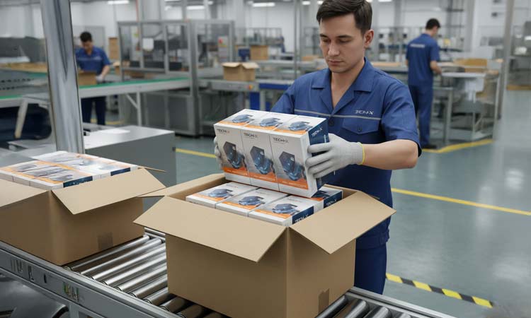 Anti scuff cardboard packaging A person loading printed retail packaging units into an outer cardboard packaging with anti-scuff coating.