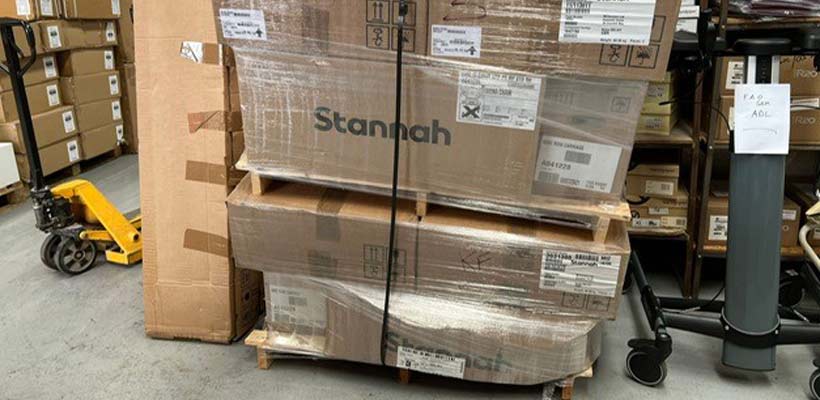 Crushed pallet packaging The previous packaging was Stannah using, with the lower packs being crushed by the weight of those on top.