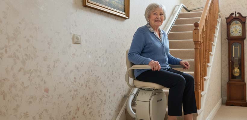 Stannah stairlifts An elderly person using a Stannah stairlift in their home.