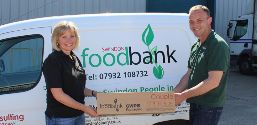 Swindon Foodbank Trays Ruth Cook, GWP Managing Director, with Lee Thompson, Swindon Foodbank Project Manager.
