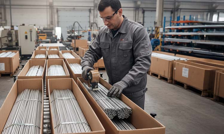 A person placing metal rods into VCI packaging in a factory