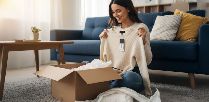 eCommerce packaging A person opening an eCommerce order in their home.