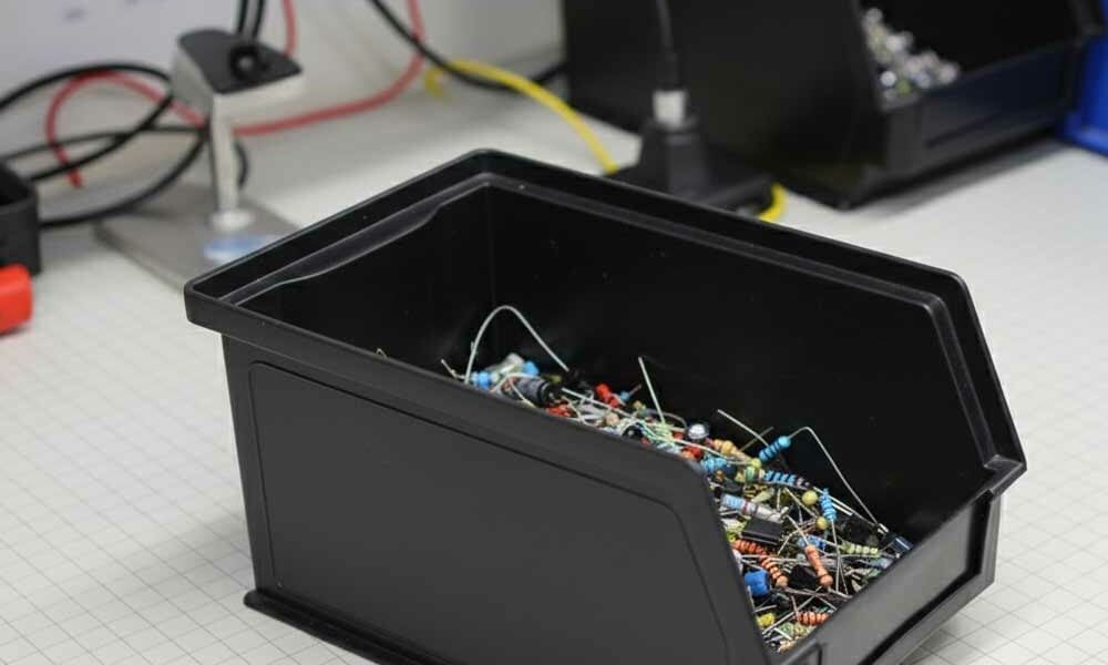 A conductive picking bin on a workbench