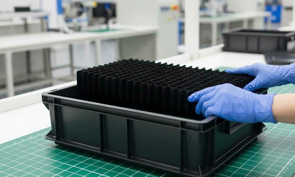 A person placing conductive plastic dividers into a tote box in a factory.