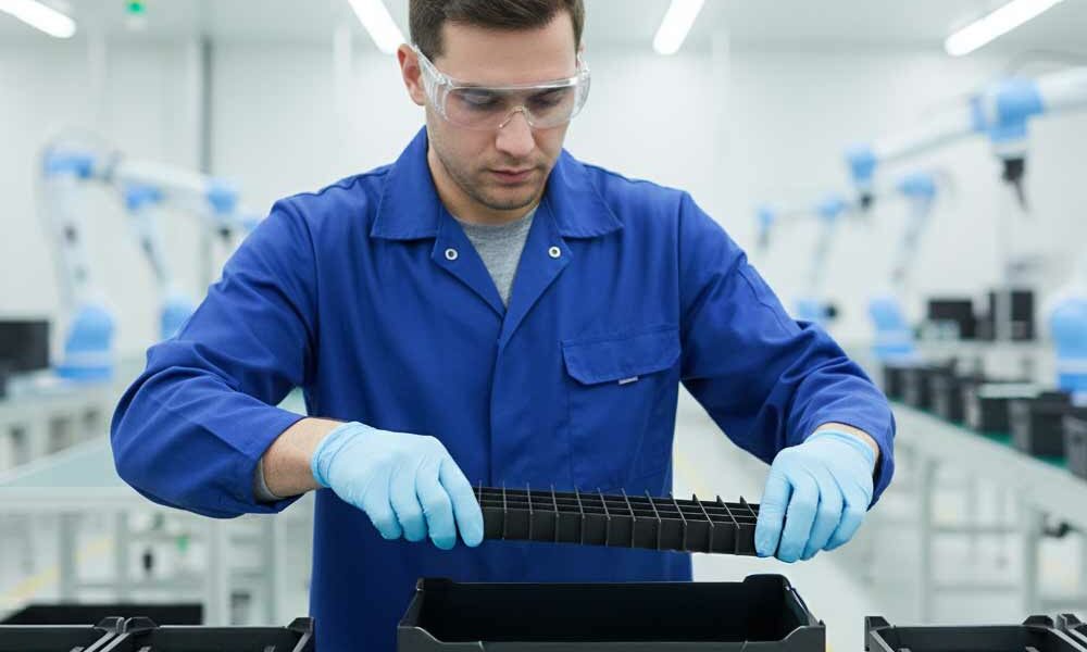A person using conductive plastic partitions on an electronics assembly line.