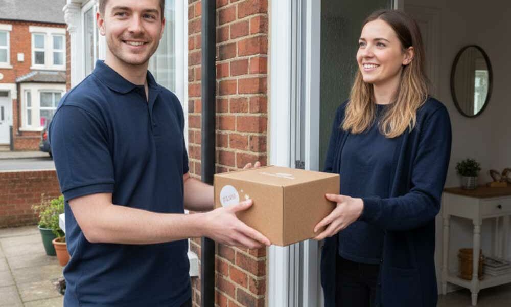 A courier delivering custom eCommerce packaging to a persons' home