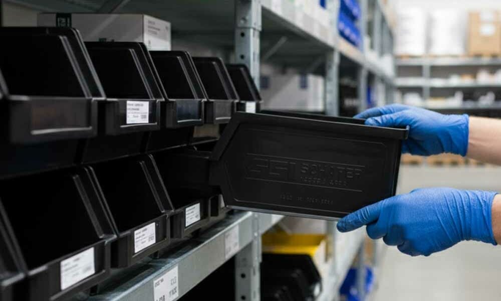 A person placing an ESD picking bin onto racking.
