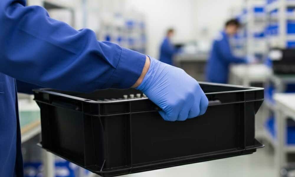 A person carrying an ESD tote in an electronics factory.