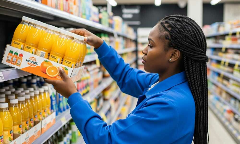 A person putting retail ready packaging onto a shelf