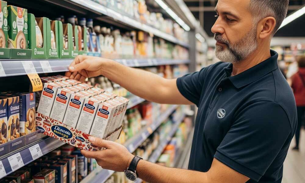 A person loading shelf-ready packaging onto a shelf in a supermarket