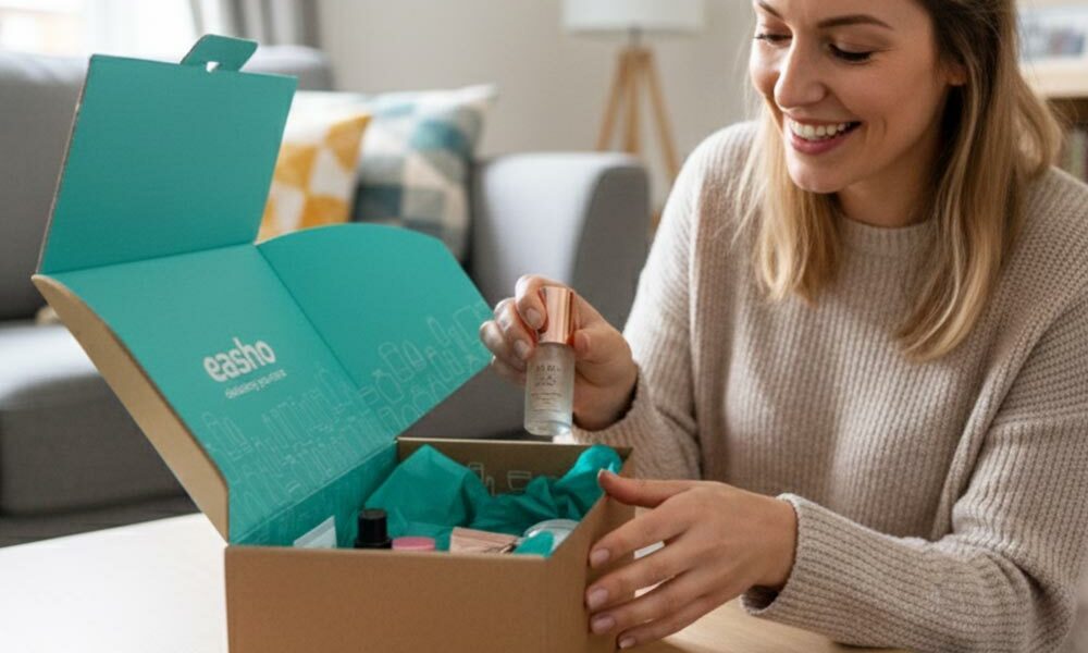 A person opening cardboard eCommerce packaging in their home