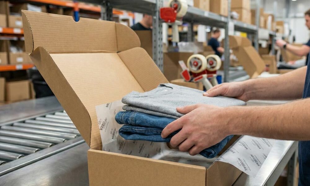 0427 eCommerce boxes A person packing 0427 eCommerce boxes in a fulfilment centre
