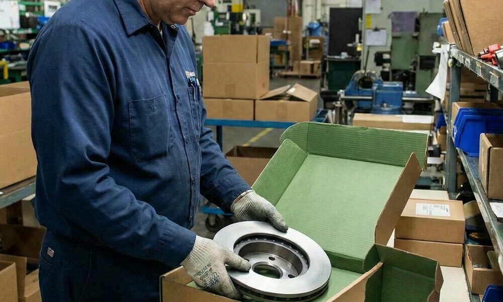 A person loading metal components into anti-rust packaging in a factory