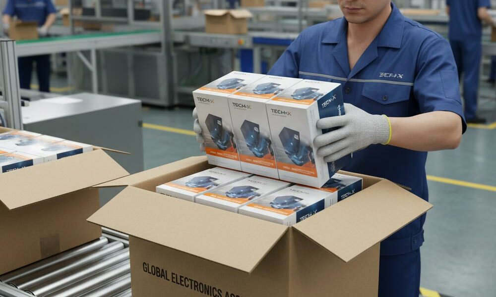 A person loading printed retail packaging units into an outer cardboard packaging with anti-scuff coating.