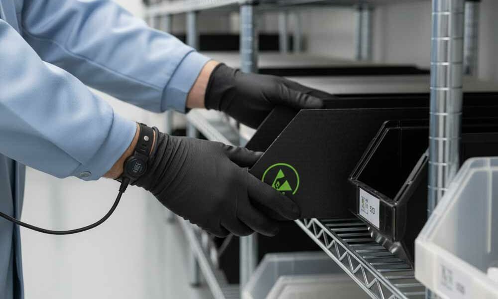 A person placing anti-static bins onto racking