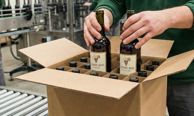 A person loading wine into a bottle packaging box in a factory.