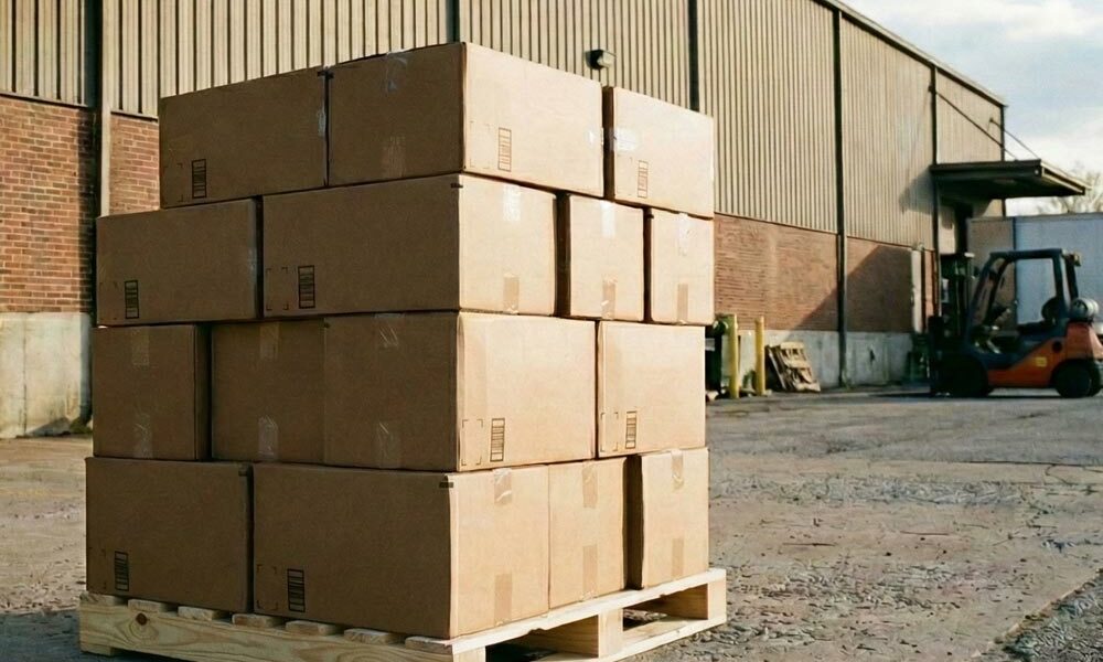 A stack of boxes on a pallet outside a warehouse