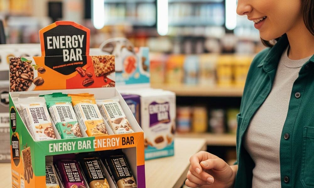 A person looking at energy bars displayed in a cardboard CDU in a shop