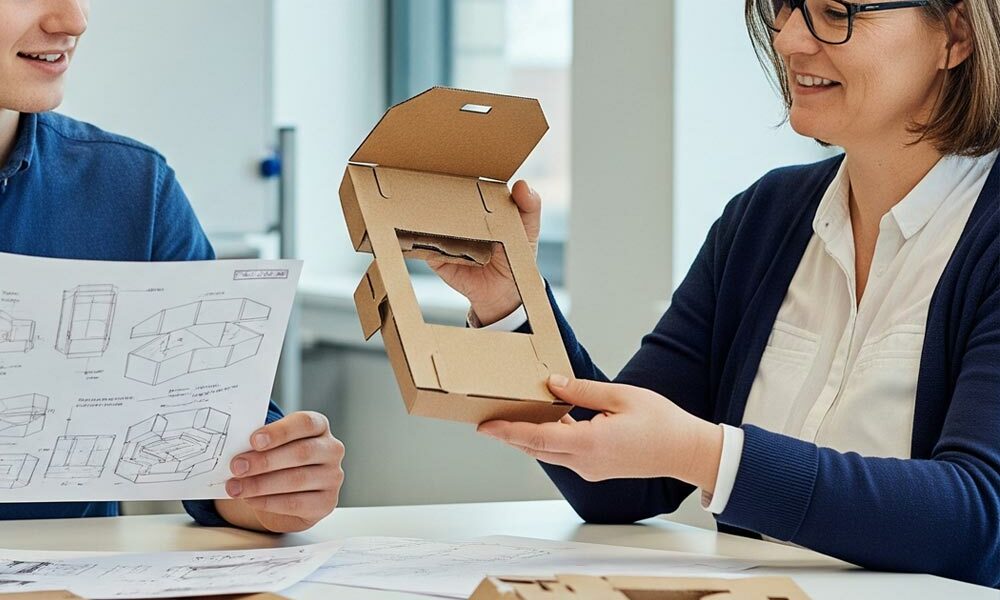 A person discussing cardboard box inserts in a meeting