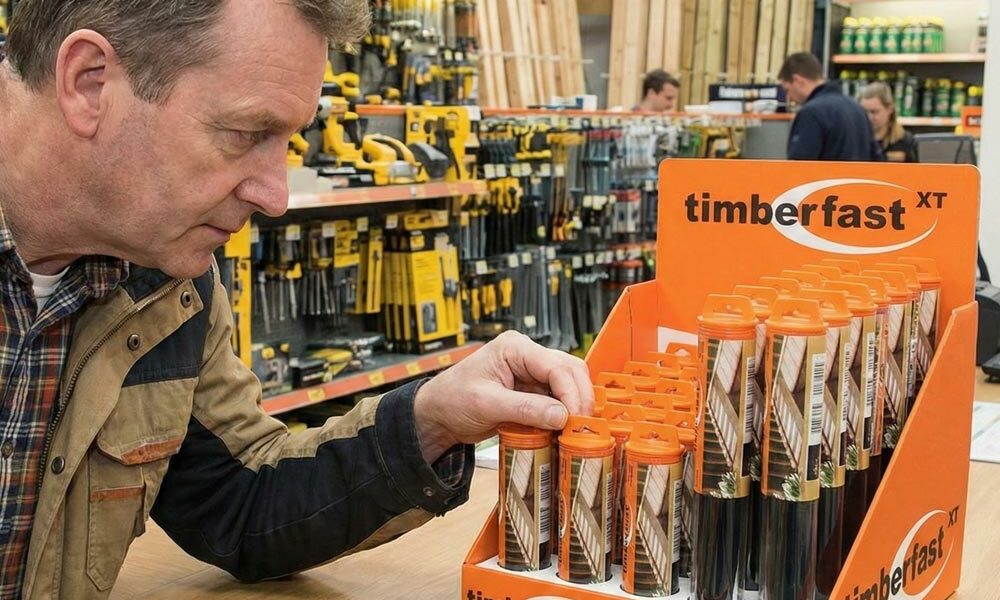 A person looking at products displayed in a cardboard counter unit in a DIY store