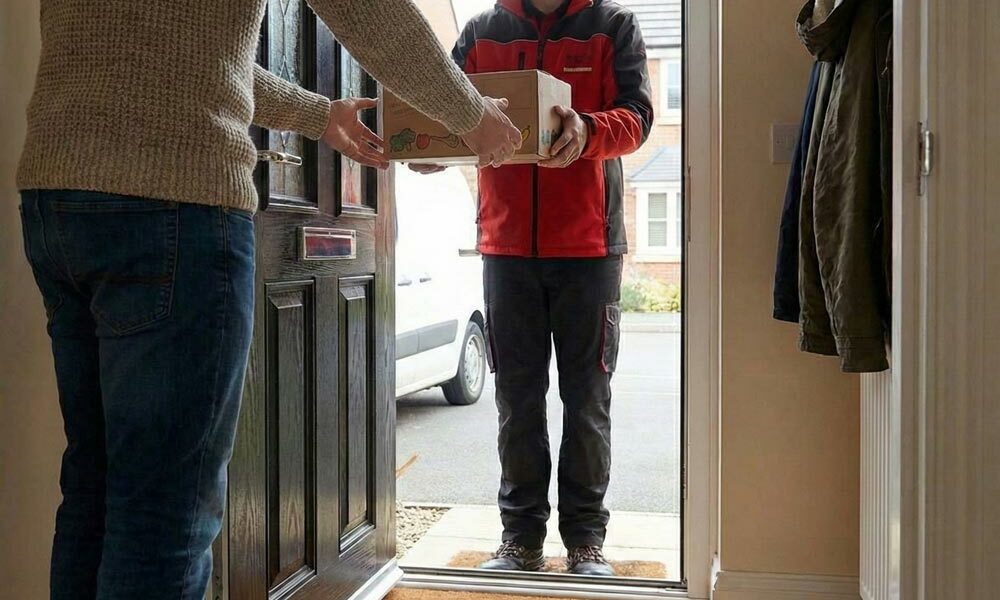 Cardboard subscription packaging A person delivering cardboard subscription packaging