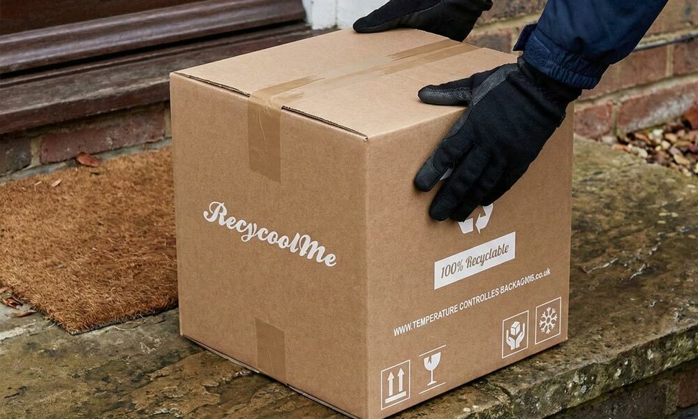 A courier delivering food in chilled packaging