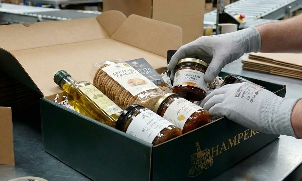 A person placing products into a colour flood-coated cardboard box